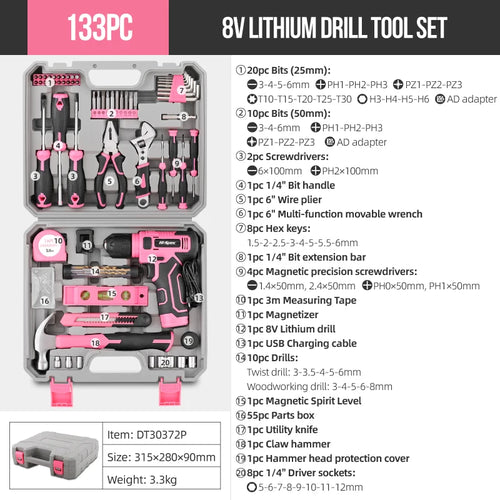 Hi-Spec 133PC Power Tool Combo Kits with 8V Cordless Drill,Home