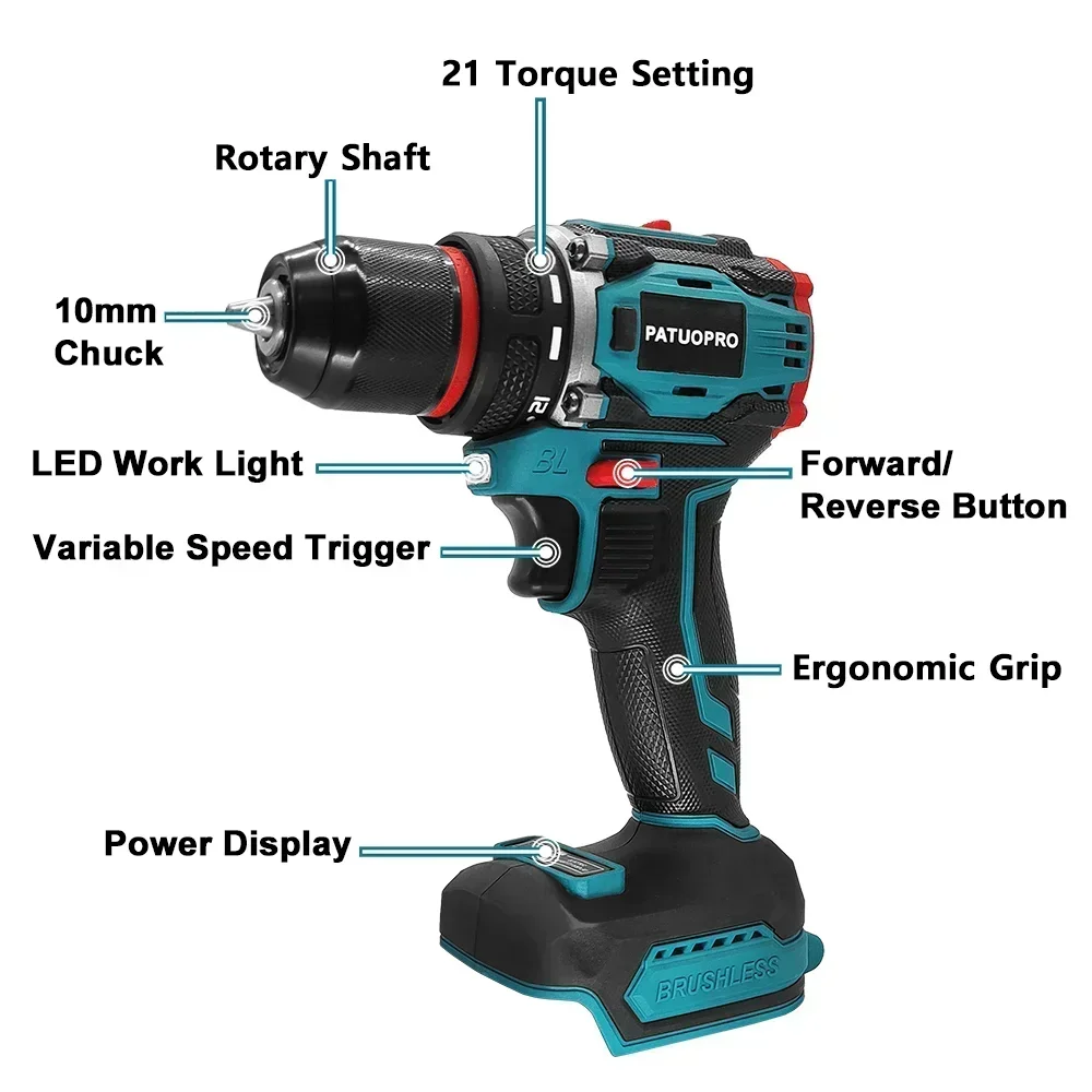PATUOPRO 10mm Cordless Brushless Electric Drill 2-Speed Metal Chuck