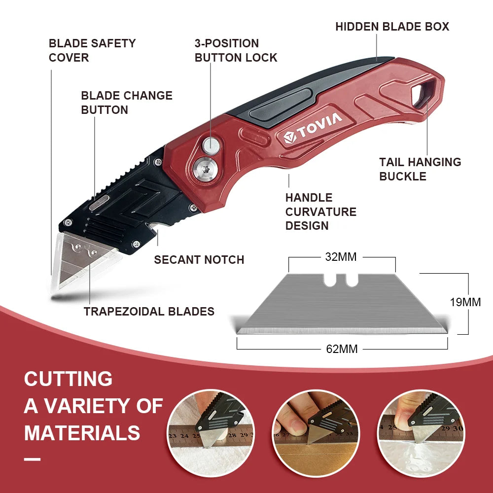 T TOVIA Folding Utility Knife Box Cutter, 3-Position Blades, Blade