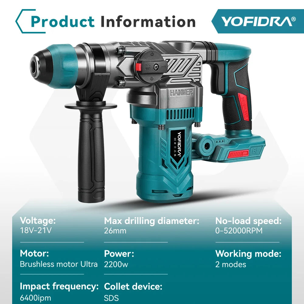 YOFIDRA 26MM 2200W Brushless Electric Hammer Impact Drill Cordless