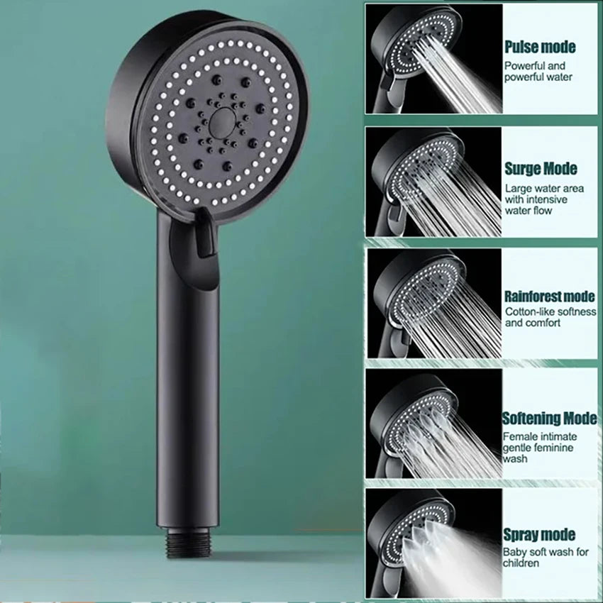 5 Modes Adjustable Rain Drenching Mode Black Bath Shower Head Head