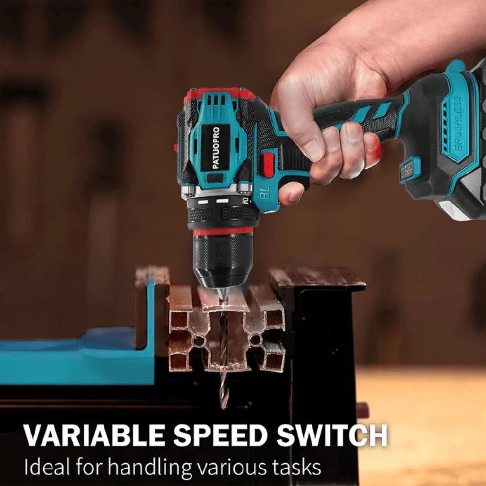 PATUOPRO 10mm Cordless Brushless Electric Drill 2-Speed Metal Chuck